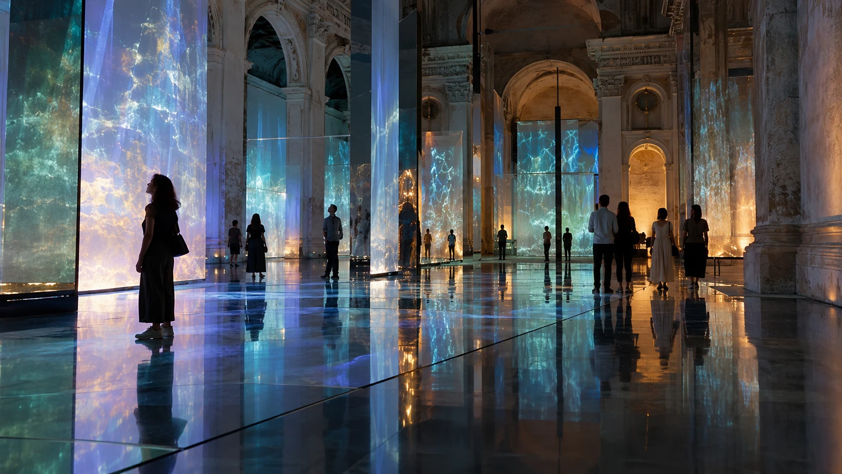 Visitatori esplorano un’installazione culturale immersiva